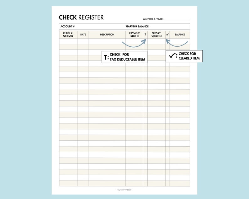 Checkbook Register Printable, Bank Account Tracker for Personal Finance