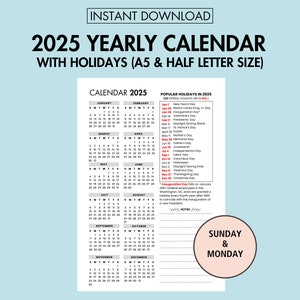 2025 Jahreskalender mit Feiertagen 2025 Jahresübersicht Kalender, 2025 Jahr auf einen Blick PDF Feiertagskalender 2025 Druckbare A5 Journal Seite