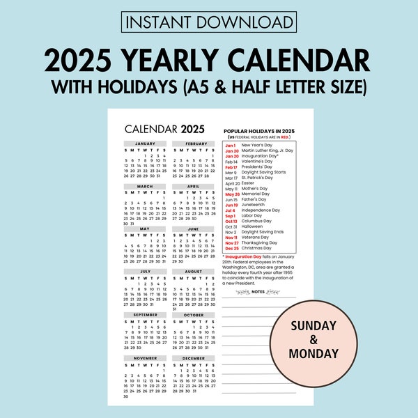 2025 Yearly Calendar with Holidays, 2025 Yearly Overview Calendar, 2025 Year at a Glance, 2025 Holiday Calendar Printable, A5 Journal Page