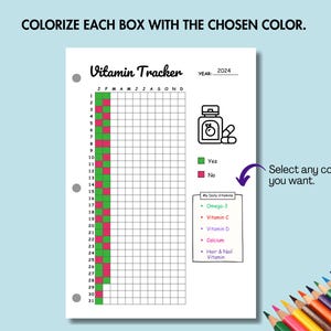Pode incluir: Um rastreador de vitaminas imprim&iacute;vel com uma grade de calend&aacute;rio para acompanhar a ingest&atilde;o di&aacute;ria de vitaminas. O rastreador inclui uma lista de vitaminas para acompanhar, incluindo &Ocirc;mega-3, vitamina C, vitamina D, c&aacute;lcio e vitamina para cabelo e unhas. O rastreador &eacute; projetado para ser colorido com cores diferentes para indicar se a vitamina foi tomada ou n&atilde;o.