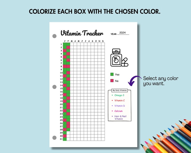 Pode incluir: Um rastreador de vitaminas imprim&iacute;vel com uma grade de calend&aacute;rio para acompanhar a ingest&atilde;o di&aacute;ria de vitaminas. O rastreador inclui uma lista de vitaminas para acompanhar, incluindo &Ocirc;mega-3, vitamina C, vitamina D, c&aacute;lcio e vitamina para cabelo e unhas. O rastreador &eacute; projetado para ser colorido com cores diferentes para indicar se a vitamina foi tomada ou n&atilde;o.