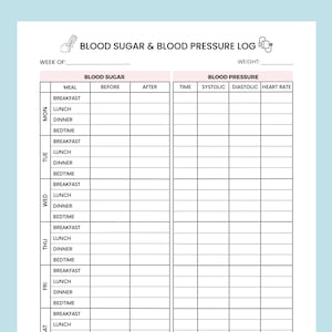 May include: A printable blood sugar and blood pressure log with columns for the day of the week, meal, blood sugar before and after, time, systolic, diastolic, and heart rate.