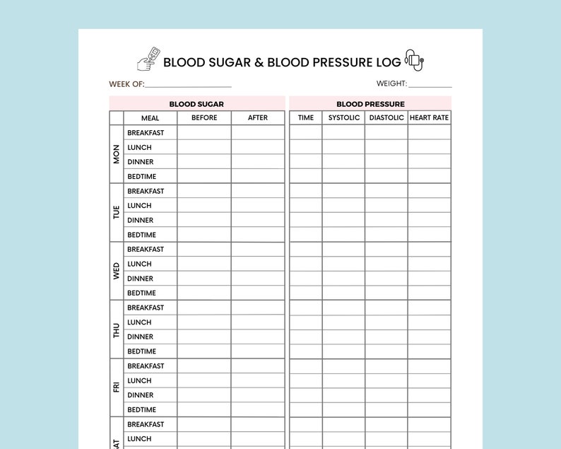 May include: A printable blood sugar and blood pressure log with columns for the day of the week, meal, blood sugar before and after, time, systolic, diastolic, and heart rate.