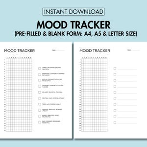 以下が含まれることがあります： 2 つの白い気分トラッカーテンプレートのデジタルダウンロード。テンプレートには、さまざまな感情状態のチェックボックスを使用して、毎日の気分を追跡するためのグリッドが含まれています。「MOOD TRACKER」というテキストが上部にあります。