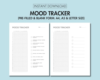 May include: A digital download featuring two white mood tracker templates. The templates include a grid for tracking daily moods, with checkboxes for various emotional states. The text "MOOD TRACKER" is at the top, with "INSTANT DOWNLOAD" above it.