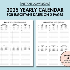 2025 Jahreskalender für wichtiges Datum Druckbarer Jahresplaner 2025 Jahr auf einen Blick PDF Jahresübersicht Kalender Sonntag & Montag Start