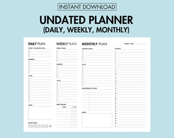 Druckbarer täglicher wöchentlicher Monatsplaner Arbeitsplan Planer für Zeitmanagement Produktionsplan Undatiert To Do Liste Terminplaner Organizer