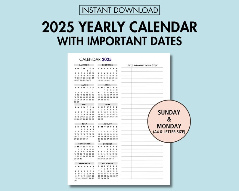 2025 Yearly Calendar Printable 2025 Yearly View Calendar With Important