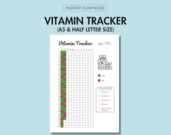 Rastreador de vitaminas PDF para impressão Registro anual de vitaminas Rastreador de suplementos vitamínicos, Rastreador nutricional Rastreador de saúde PDF para impressão Página do diário A5