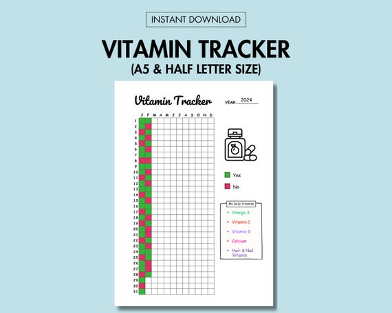 Vitamin Tracker Printable Yearly Vitamin Log PDF Vitamin Supplement Tracker, Nutrition Tracker Printable Health Tracker PDF A5 Journal Page