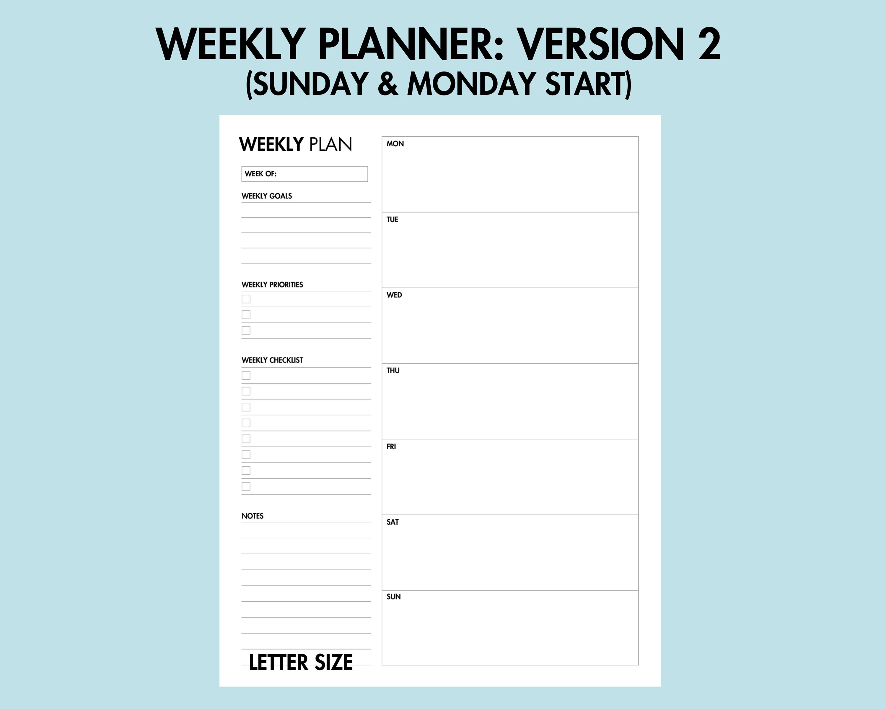 Weekly Planner Undated Printable Notes Page Printable Instant - Etsy