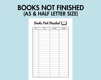 May include: A printable book tracker with columns for date, title, author, and reason. The title is "Books Not Finished" and there is an open book icon above the table.