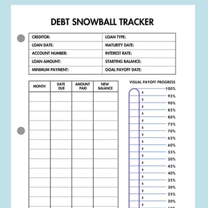 Peut inclure: Une feuille de calcul de suivi de la m&eacute;thode de la boule de neige pour les dettes, en noir et blanc, avec des colonnes pour le mois, la date d'&eacute;ch&eacute;ance, le montant pay&eacute;, le nouveau solde et l'avancement visuel du remboursement. L'avancement visuel du remboursement est un graphique &agrave; barres vertical avec des pourcentages allant de 100 % &agrave; 15 % par incr&eacute;ments de 5 %.