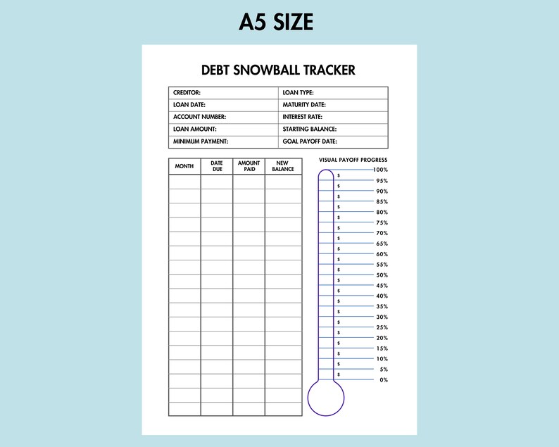 Peut inclure: Une feuille de calcul imprimable de suivi de boule de neige de la dette en noir et blanc avec un thermom&egrave;tre de progression de remboursement visuel. La feuille de calcul comprend des sections pour le cr&eacute;ancier, la date du pr&ecirc;t, le num&eacute;ro de compte, le montant du pr&ecirc;t, le paiement minimum, le type de pr&ecirc;t, la date d'&eacute;ch&eacute;ance, le taux d'int&eacute;r&ecirc;t, le solde initial et la date de remboursement objectif. La feuille de calcul comprend &eacute;galement un tableau avec des colonnes pour le mois, la date d'&eacute;ch&eacute;ance, le montant pay&eacute; et le nouveau solde.