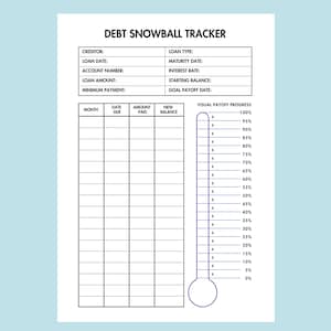 Peut inclure: Une feuille de calcul imprimable de suivi de la m&eacute;thode de la boule de neige pour les dettes, en noir et blanc, avec une barre de progression visuelle. La feuille de calcul comprend des sections pour le cr&eacute;ancier, la date du pr&ecirc;t, le num&eacute;ro de compte, le montant du pr&ecirc;t, le paiement minimum, le type de pr&ecirc;t, la date d'&eacute;ch&eacute;ance, le taux d'int&eacute;r&ecirc;t, le solde initial et la date d'&eacute;ch&eacute;ance du pr&ecirc;t. La barre de progression visuelle est un graphique en forme de thermom&egrave;tre avec une &eacute;chelle de 0% &agrave; 100% par incr&eacute;ments de 5%.