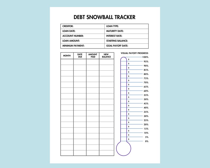 Peut inclure: Une feuille de calcul imprimable de suivi de la m&eacute;thode de la boule de neige pour les dettes, en noir et blanc, avec une barre de progression visuelle. La feuille de calcul comprend des sections pour le cr&eacute;ancier, la date du pr&ecirc;t, le num&eacute;ro de compte, le montant du pr&ecirc;t, le paiement minimum, le type de pr&ecirc;t, la date d'&eacute;ch&eacute;ance, le taux d'int&eacute;r&ecirc;t, le solde initial et la date d'&eacute;ch&eacute;ance du pr&ecirc;t. La barre de progression visuelle est un graphique en forme de thermom&egrave;tre avec une &eacute;chelle de 0% &agrave; 100% par incr&eacute;ments de 5%.