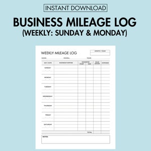 Weekly Business Mileage Log Printable Weekly Mileage Log Tracker PDF, Business Mileage Expense Tracker Printable Vehicle Mileage Log Book