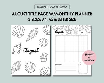 August Journal Title Page & August Monthly Planner Undated Printable August Journal Cover Page and August Calendar Set Printable Title Page