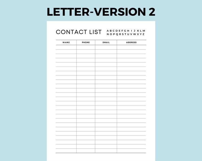 May include: A black and white printable contact list template with the title "Contact List" and columns for name, phone, email, and address.