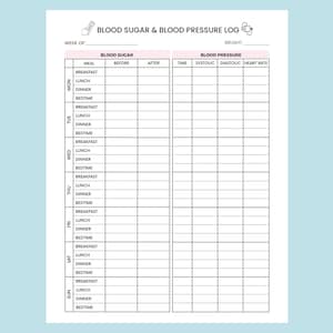 May include: A printable blood sugar and blood pressure log with columns for the day of the week, meal, blood sugar before and after, time, systolic, diastolic, and heart rate.