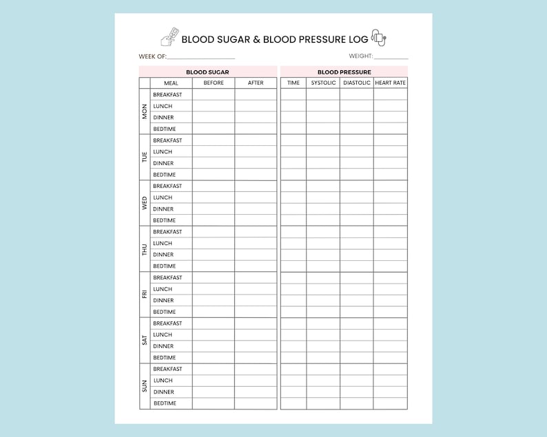 May include: A printable blood sugar and blood pressure log with columns for the day of the week, meal, blood sugar before and after, time, systolic, diastolic, and heart rate.