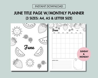 June Journal Title Page & June Monthly Planner Undated Printable June Cover Page and June Calendar  Printable Title Page Sunday Monday Start