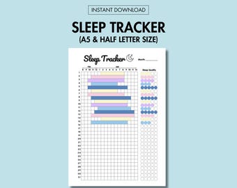 May include: A printable sleep tracker with a light blue, pink, and yellow colour scheme. The tracker includes a grid for logging sleep hours and a section for rating sleep quality.