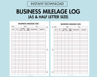 Business Mileage Tracker Log Printable Business Expense Tracker, Business Miles Trip Tracker Vehicle Mileage Log Book A5 Planner Insert