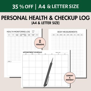 Health Monitor Log Printable Blood Sugar Log and Blood Pressure Log Body Measurement Tracker Doctor Appointment Schedule Doctor Note Planner