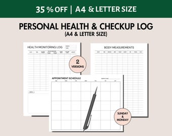 Health Monitor Log Printable Blood Sugar Log and Blood Pressure Log Body Measurement Tracker Doctor Appointment Schedule Doctor Note Planner