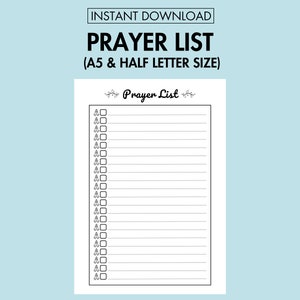 May include: Printable prayer list with a simple design. The list has a title "Prayer List" and a series of lines with checkboxes for writing down prayer requests.