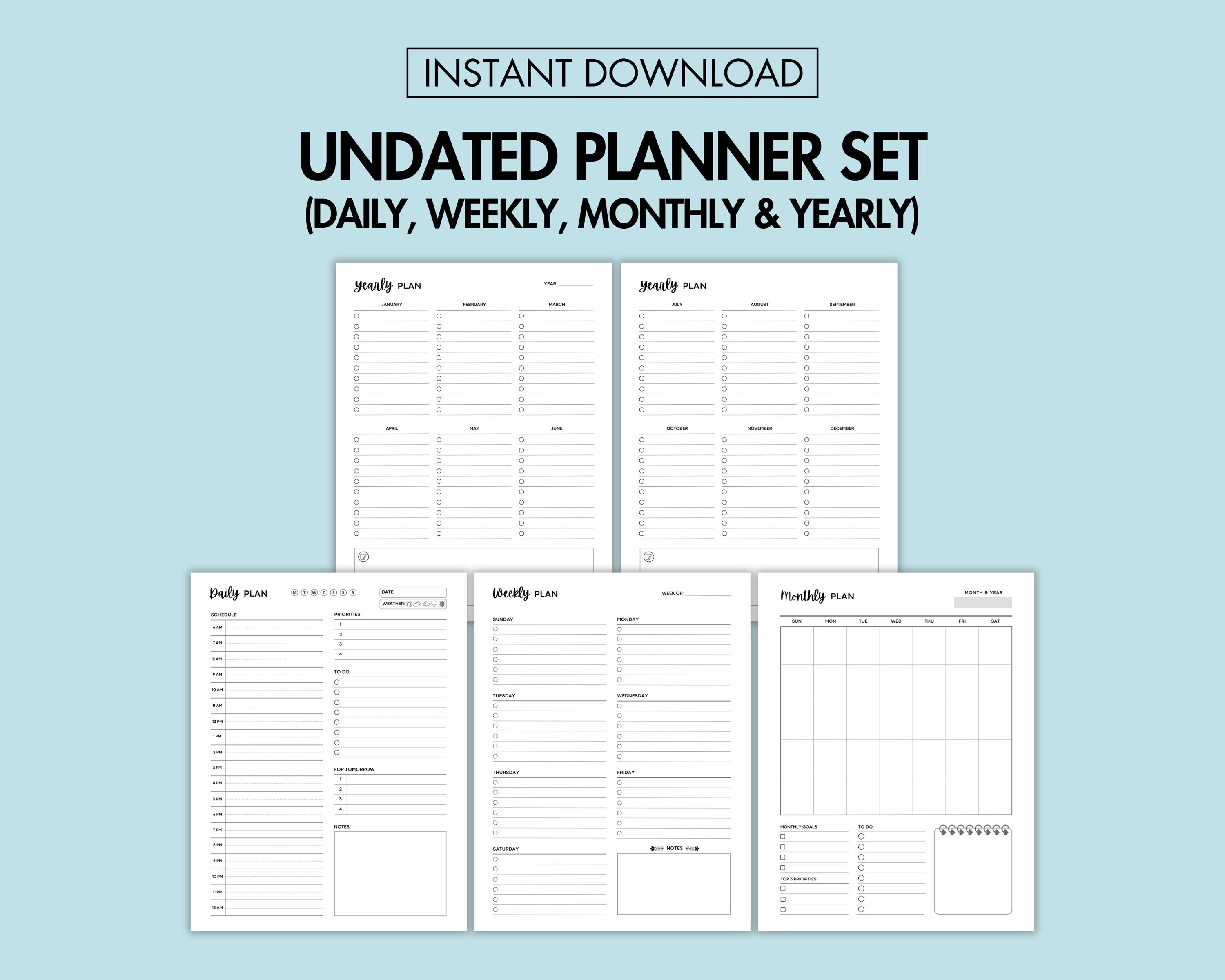 Undated Planner Bundle Printable Daily Weekly Monthly & Yearly Planner ...