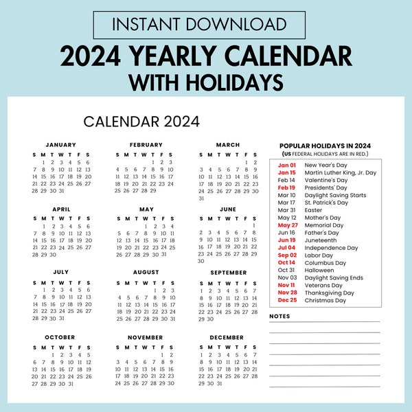 Jaarkalender 2024 met Amerikaanse feestdagen, jaaroverzicht 2024 afdrukbare directe download, jaar 2024 in één oogopslag, start zondag en maandag