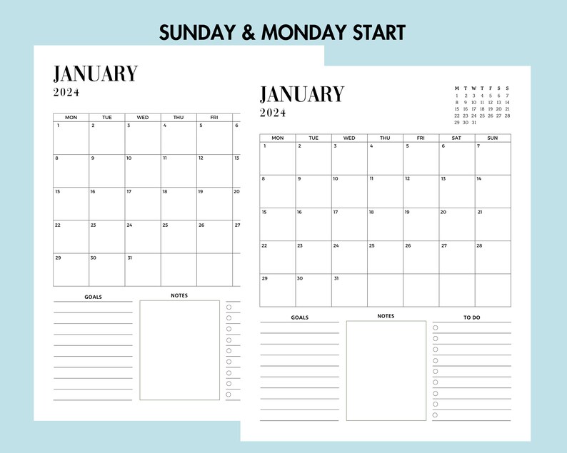 Monthly Calendar 2024 Printable, Yearly Planner 2024, Sunday Monday