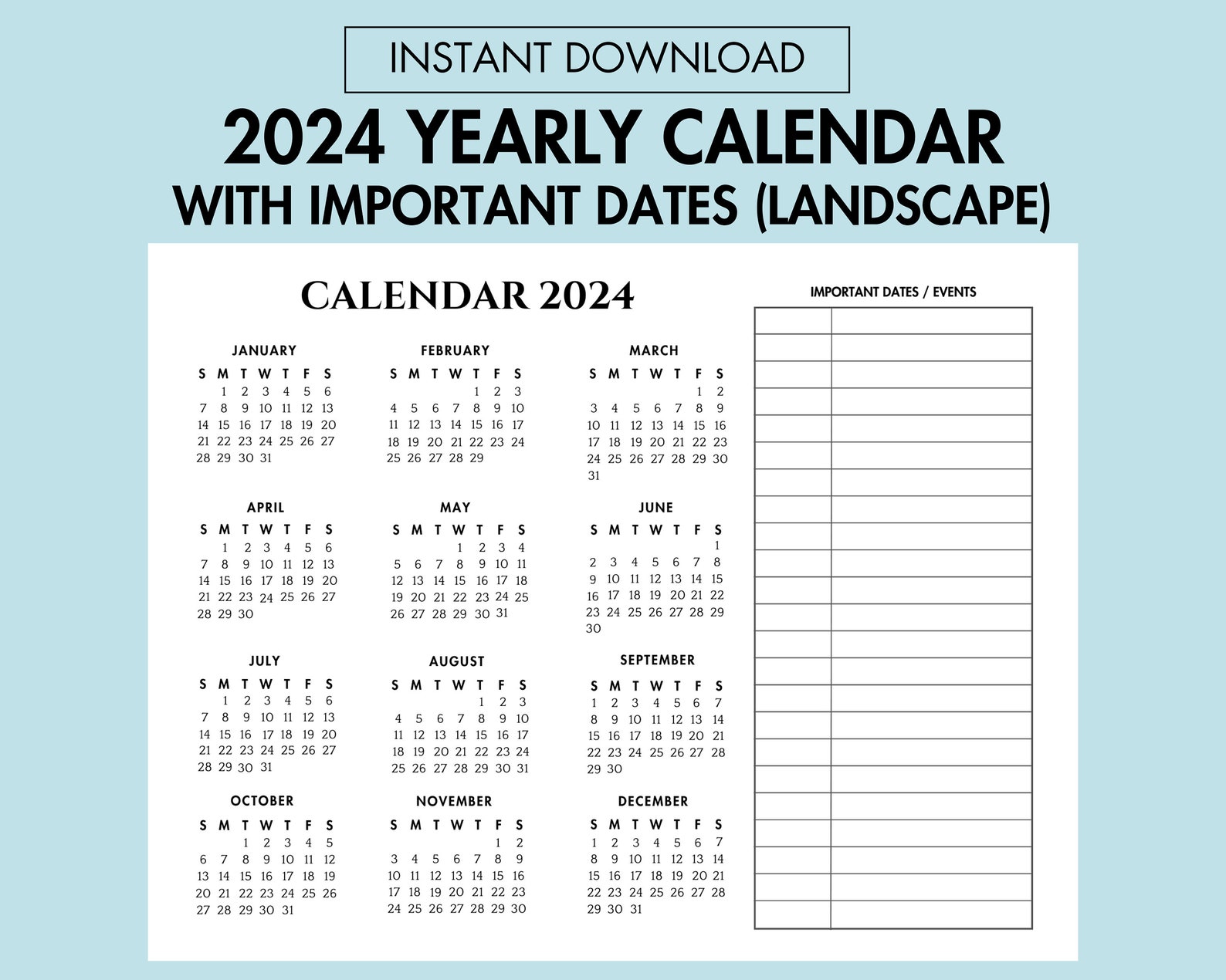 2024 Yearly Calendar With Important Dates Year at a Glance Calendar
