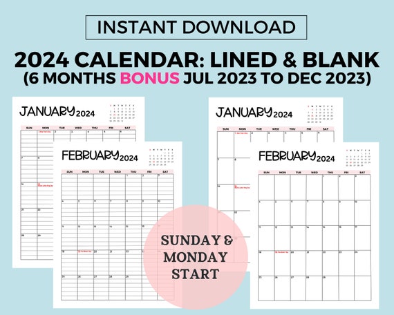 2024 Calendar With 6 Month BONUS 2023 Jul to Dec, 2024 Monthly Schedule Planner  Printable Instant Download, 2024 Monthly Organizer Dated - Etsy