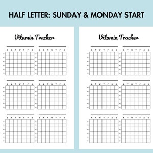 May include: Printable vitamin tracker with a black and white design. The tracker has six sections, each with a grid for tracking vitamins taken daily. The days of the week are labelled S, M, T, W, T, F, S. The title "Vitamin Tracker" is written in a cursive font.