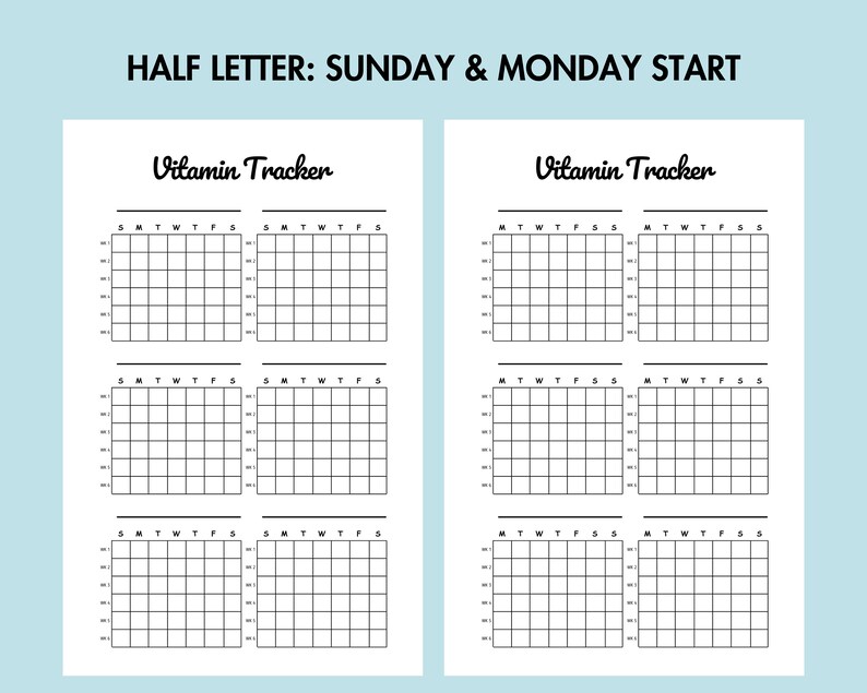 May include: Printable vitamin tracker with a black and white design. The tracker has six sections, each with a grid for tracking vitamins taken daily. The days of the week are labelled S, M, T, W, T, F, S. The title "Vitamin Tracker" is written in a cursive font.