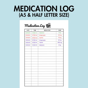 Medication log Printable Medication Tracker Daily Medicine Tracker PDF Medication Planner A5 Daily Pill Tracker A5 Healthcare Journal Page