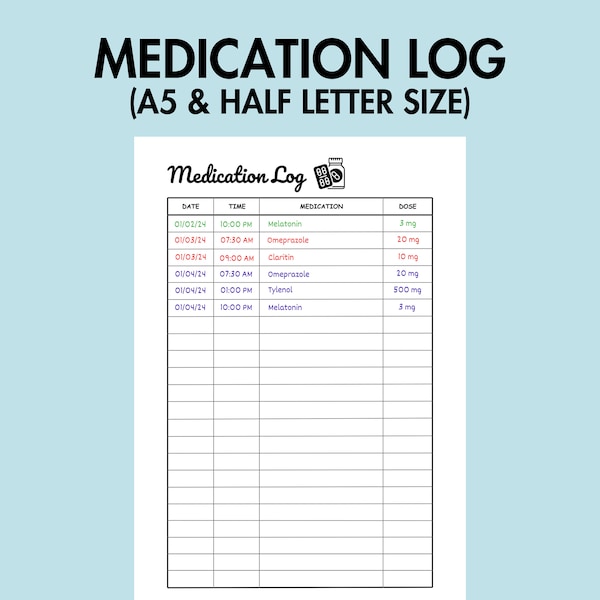 Medication log, Medication Tracker Printable, Daily Medicine Tracker, Medication Planner, A5 Journal Page, Wellness Journal, Pill Tracker