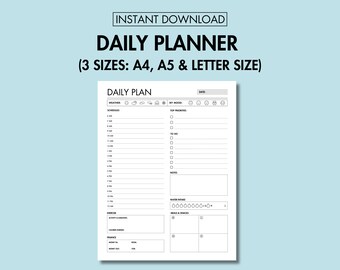 May include: A black and white printable daily planner with sections for weather, mood, schedule, top priorities, notes, water intake, meals and snacks. The planner is available in three sizes: A4, A5 and Letter.