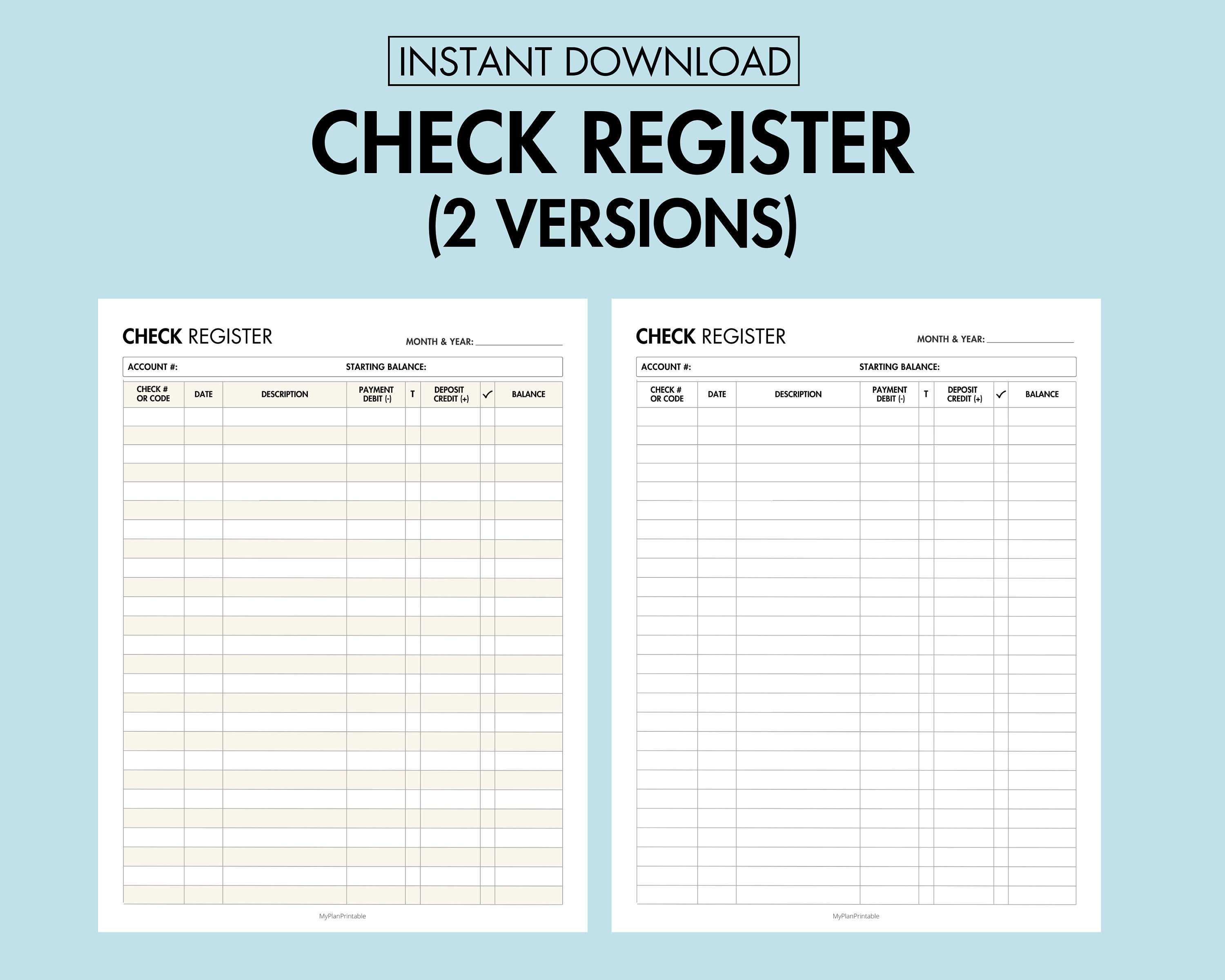 Checkbook Register Printable Bank Account Tracker for Personal Finance ...