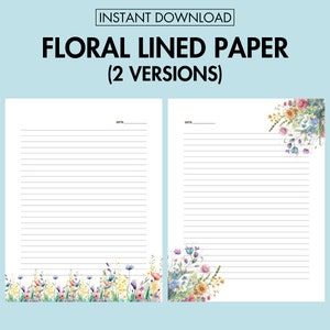 Papelaria com linhas florais para impressão digital, download de papelaria com flores silvestres em PDF, papel de carta colorido com linhas para impressão em tamanho A4 e US Letter