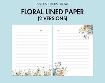 Floral Lined Stationery Printable Digital Download, Wild Flower Stationery PDF, Colorful Lined Writing Paper Printable A4 and US Letter Size