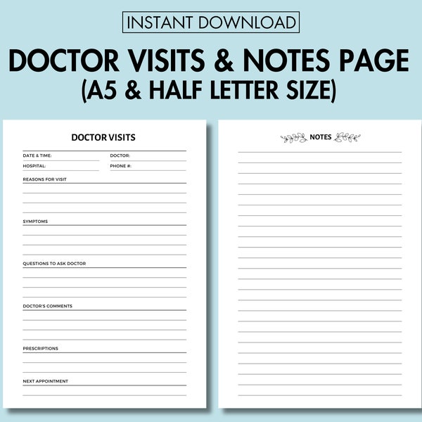 Doctor Visit Notes Printable, Medical Record, Healthcare Planner, Doctor Appointment Reminder, Doctor Visit Record Pages, A5 Planner Inserts