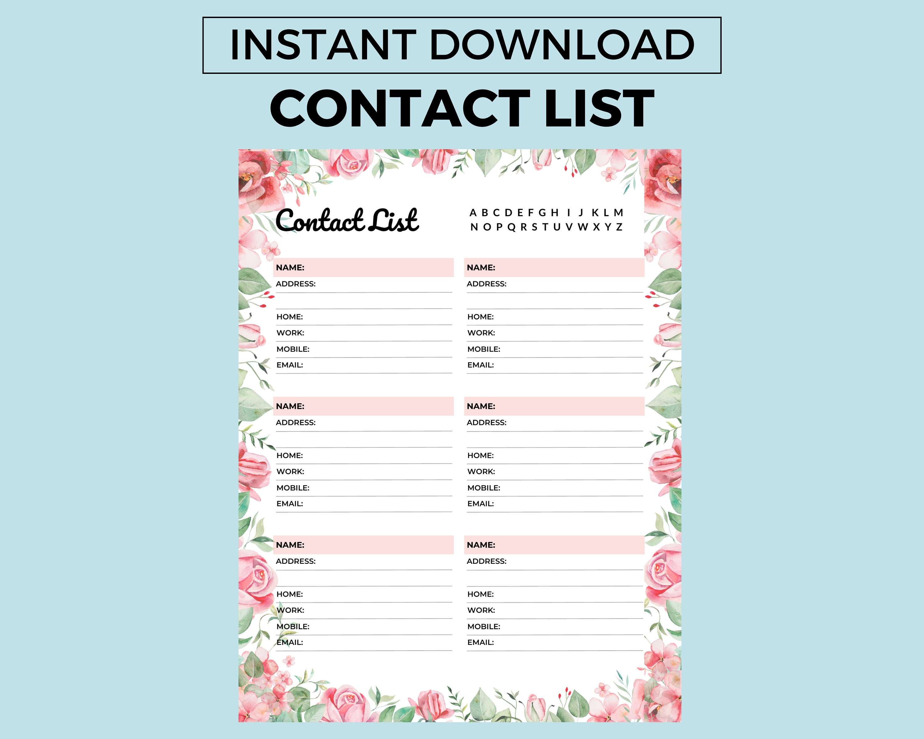 Contact List Printable Instant Download, Floral Contact Organizer ...