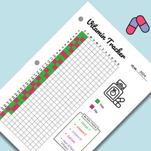 Pode incluir: Um rastreador de vitaminas imprim&iacute;vel com uma grade para cada dia do ano. A grade &eacute; codificada por cores com verde para "sim" e vermelho para "n&atilde;o". O rastreador inclui uma lista de vitaminas para rastrear, incluindo Omega-3, vitamina C, vitamina D, c&aacute;lcio, vitaminas para cabelo e unhas.