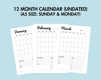May include: Three blank calendar pages for January, February, and March. Each page has a simple grid layout with days of the week labeled at the top. The calendar is undated and designed for A5 size paper. The calendar is formatted for a week starting on Sunday.