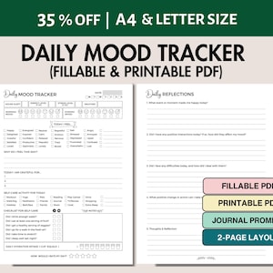 Daily Mood Tracker with Journal Prompts Fillable and Printable Self Care Planner Checklist Wellness Tracker Daily Mental Health Mood Journal