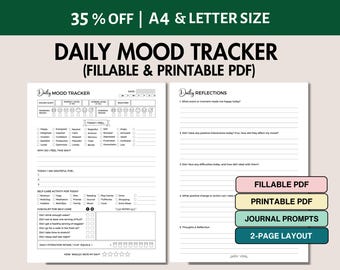 Daily Mood Tracker with Journal Prompts Fillable and Printable Self Care Planner Checklist Wellness Tracker Daily Mental Health Mood Journal